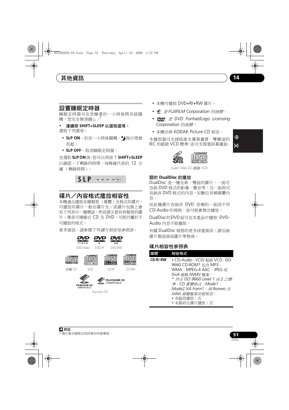 設置睡眠定時器 碟片／內容格式播放相容性, 碟片相容性參照表, S l p | 其他資訊 14, 設置睡眠定時器, 碟片／內容格式播放相容性 | Pioneer HTZ-FS30DVD User Manual | Page 113 / 126