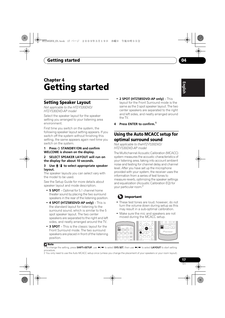 Setting speaker layout, Getting started, Getting started 04 | Chapter 4 | Pioneer HTZ-FS30DVD User Manual | Page 17 / 126