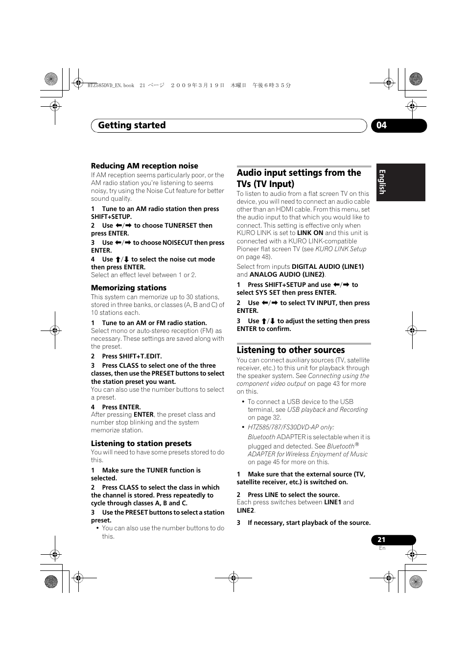 Reducing am reception noise, Memorizing stations, Listening to station presets | Audio input settings from the tvs (tv input), Listening to other sources, Getting started 04 | Pioneer HTZ-FS30DVD User Manual | Page 21 / 126