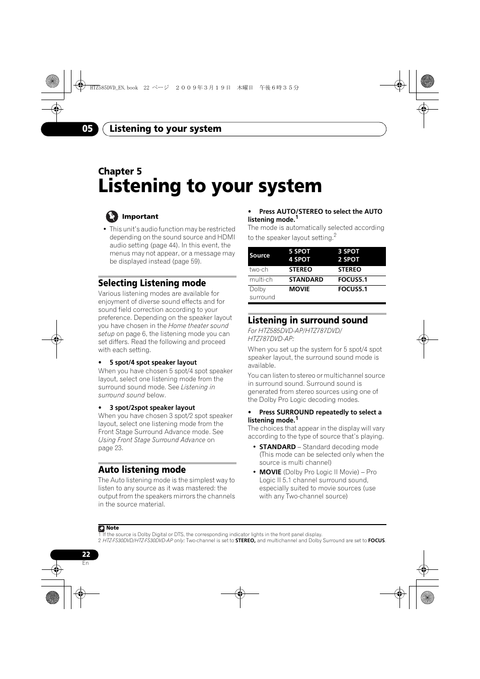 Selecting listening mode, Auto listening mode, Listening in surround sound | Listening to your system, Listening to your system 05, Chapter 5 | Pioneer HTZ-FS30DVD User Manual | Page 22 / 126