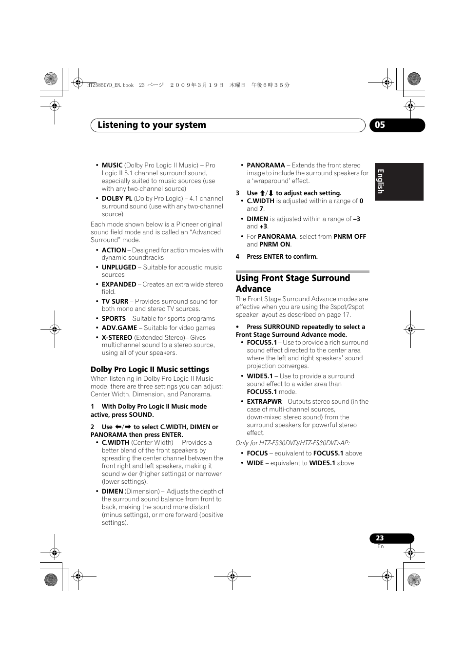Dolby pro logic ii music settings, Using front stage surround advance, 23 an | Listening to your system 05 | Pioneer HTZ-FS30DVD User Manual | Page 23 / 126