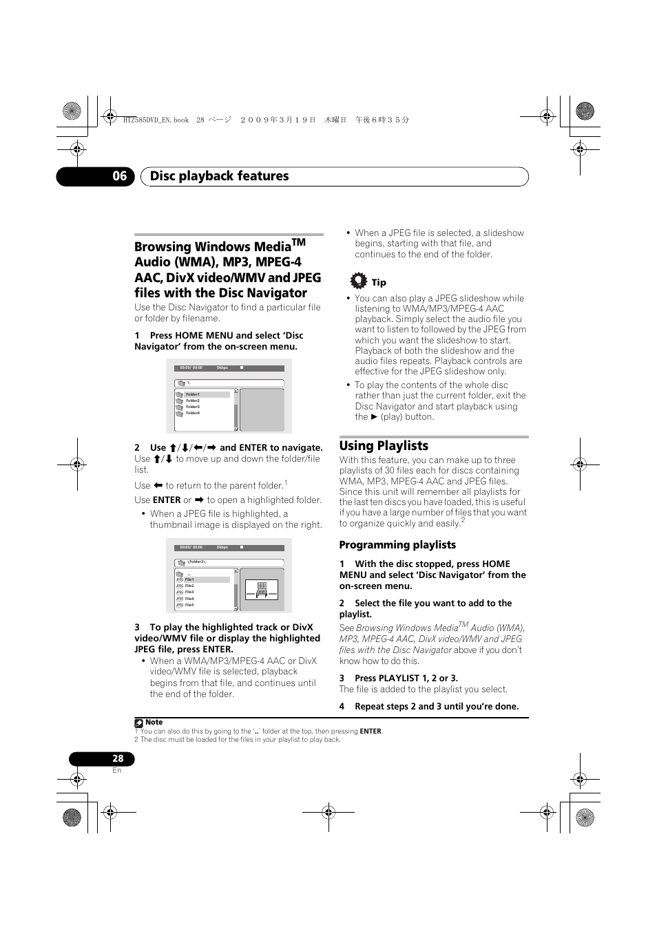 Browsing windows media, Audio (wma), Using playlists | Programming playlists, Disc playback features 06 | Pioneer HTZ-FS30DVD User Manual | Page 28 / 126