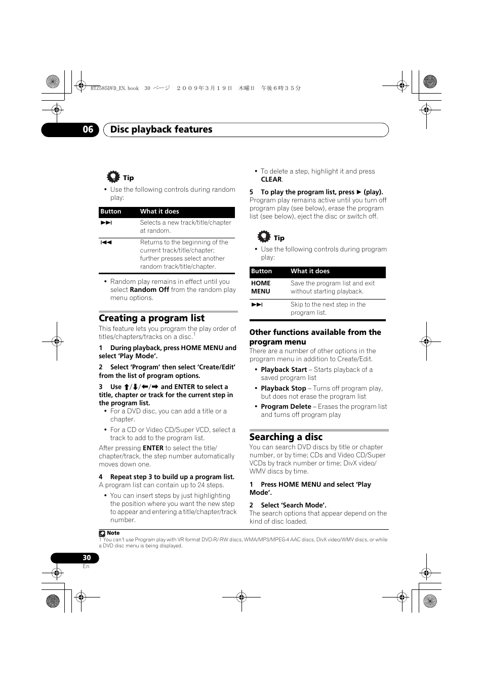 Creating a program list, Other functions available from the program menu, Searching a disc | And 30), Disc playback features 06 | Pioneer HTZ-FS30DVD User Manual | Page 30 / 126