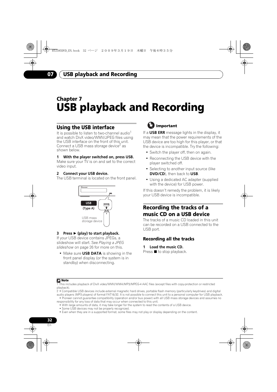 Using the usb interface, Recording the tracks of a music cd on a usb device, Recording all the tracks | Usb playback and recording, Usb playback and recording 07, Chapter 7 | Pioneer HTZ-FS30DVD User Manual | Page 32 / 126