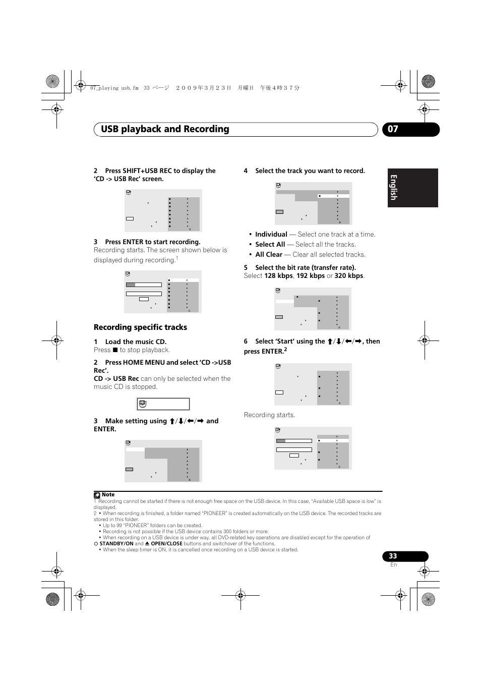 Recording specific tracks, Usb playback and recording 07, Recording starts | 07_playing usb.fm 33 ページ ２００９年３月２３日 月曜日 午後４時３７分 | Pioneer HTZ-FS30DVD User Manual | Page 33 / 126