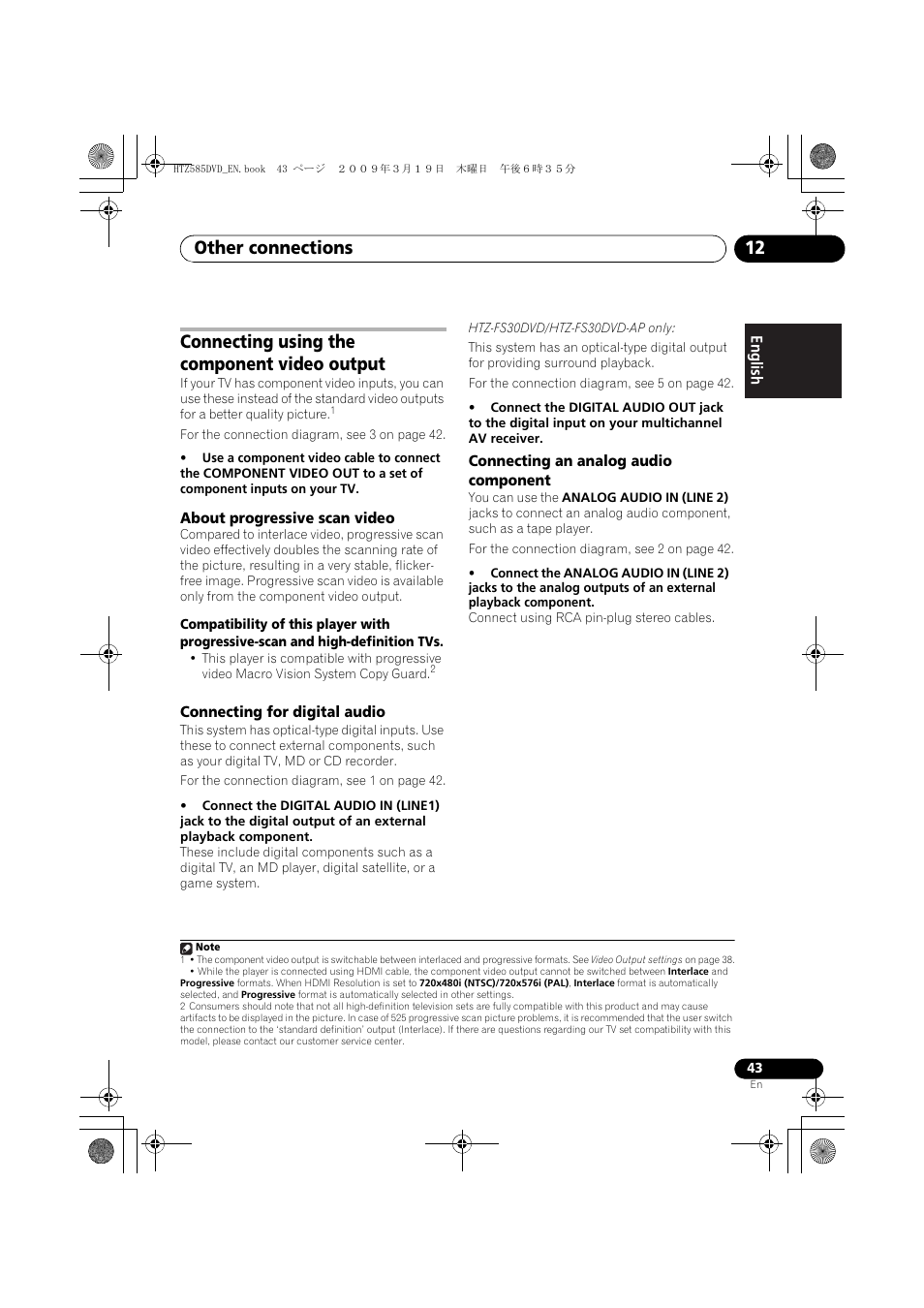 Output, About progressive scan video, Connecting for digital audio | Connecting an analog audio component, Other connections 12, Connecting using the component video output | Pioneer HTZ-FS30DVD User Manual | Page 43 / 126
