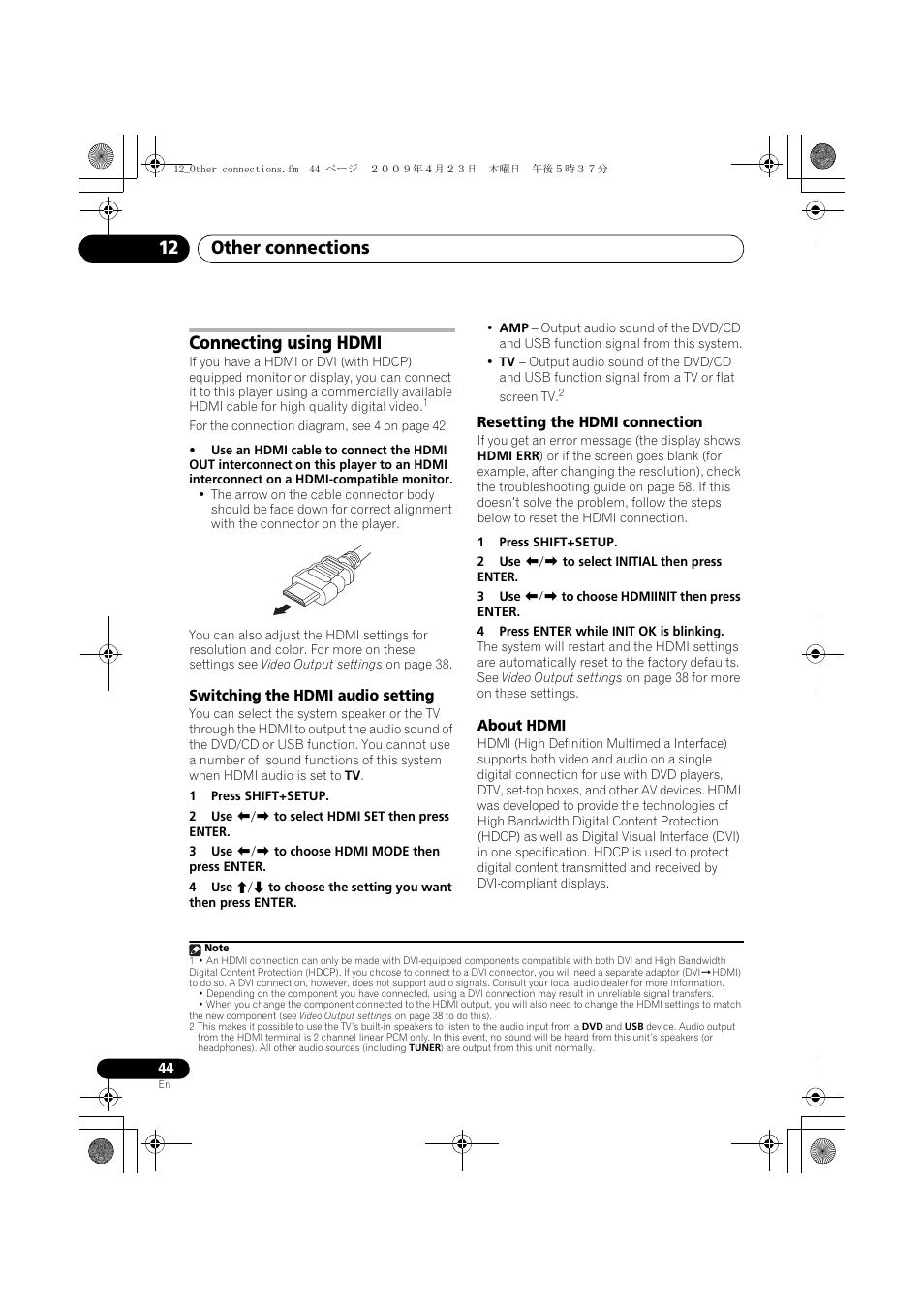 Connecting using hdmi, Switching the hdmi audio setting, Resetting the hdmi connection | About hdmi, Other connections 12 | Pioneer HTZ-FS30DVD User Manual | Page 44 / 126