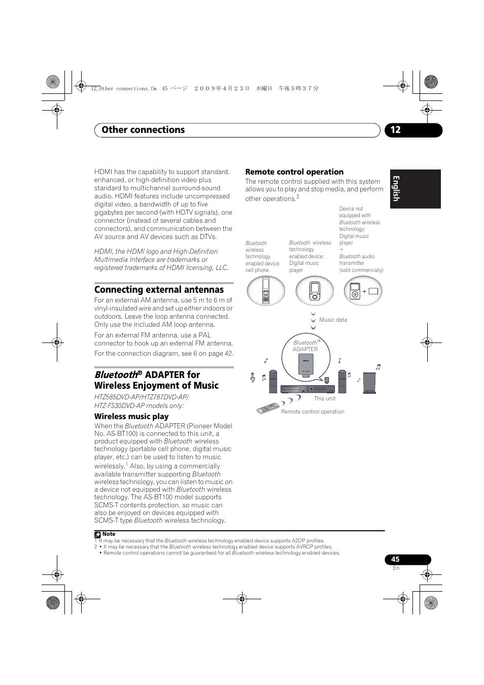 Connecting external antennas, Bluetooth, Adapter for wireless | Enjoyment of music, Wireless music play, Remote control operation, Other connections 12, Adapter for wireless enjoyment of music | Pioneer HTZ-FS30DVD User Manual | Page 45 / 126
