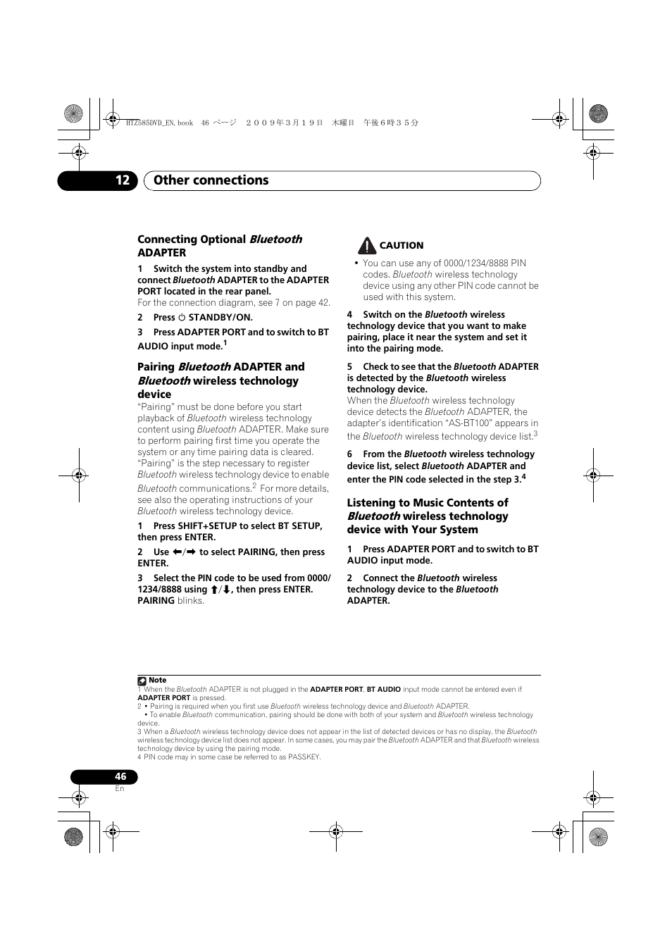 Connecting optional bluetooth adapter, Other connections 12 | Pioneer HTZ-FS30DVD User Manual | Page 46 / 126
