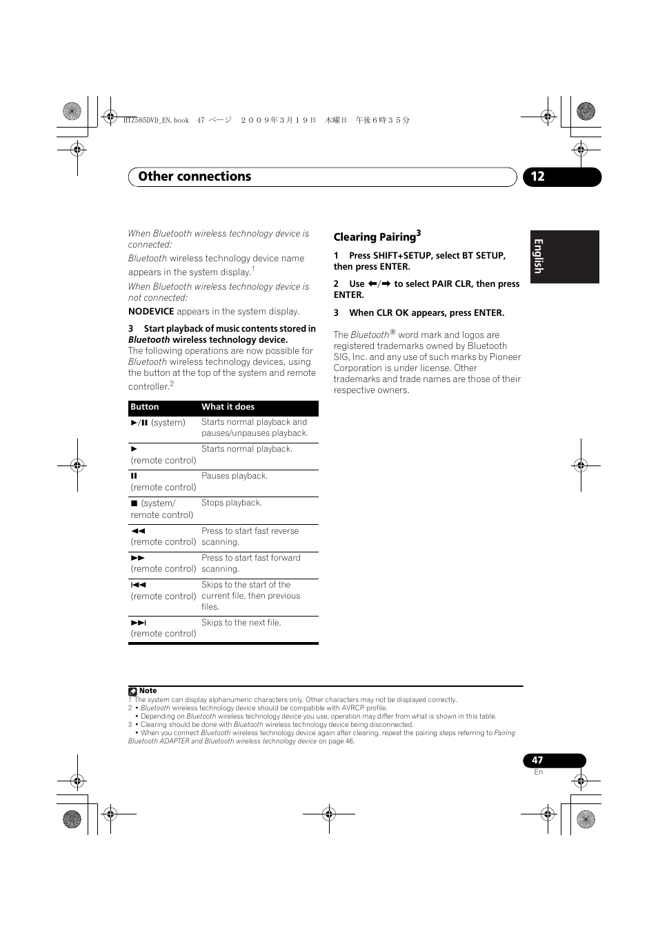 Clearing pairing, Other connections 12 | Pioneer HTZ-FS30DVD User Manual | Page 47 / 126