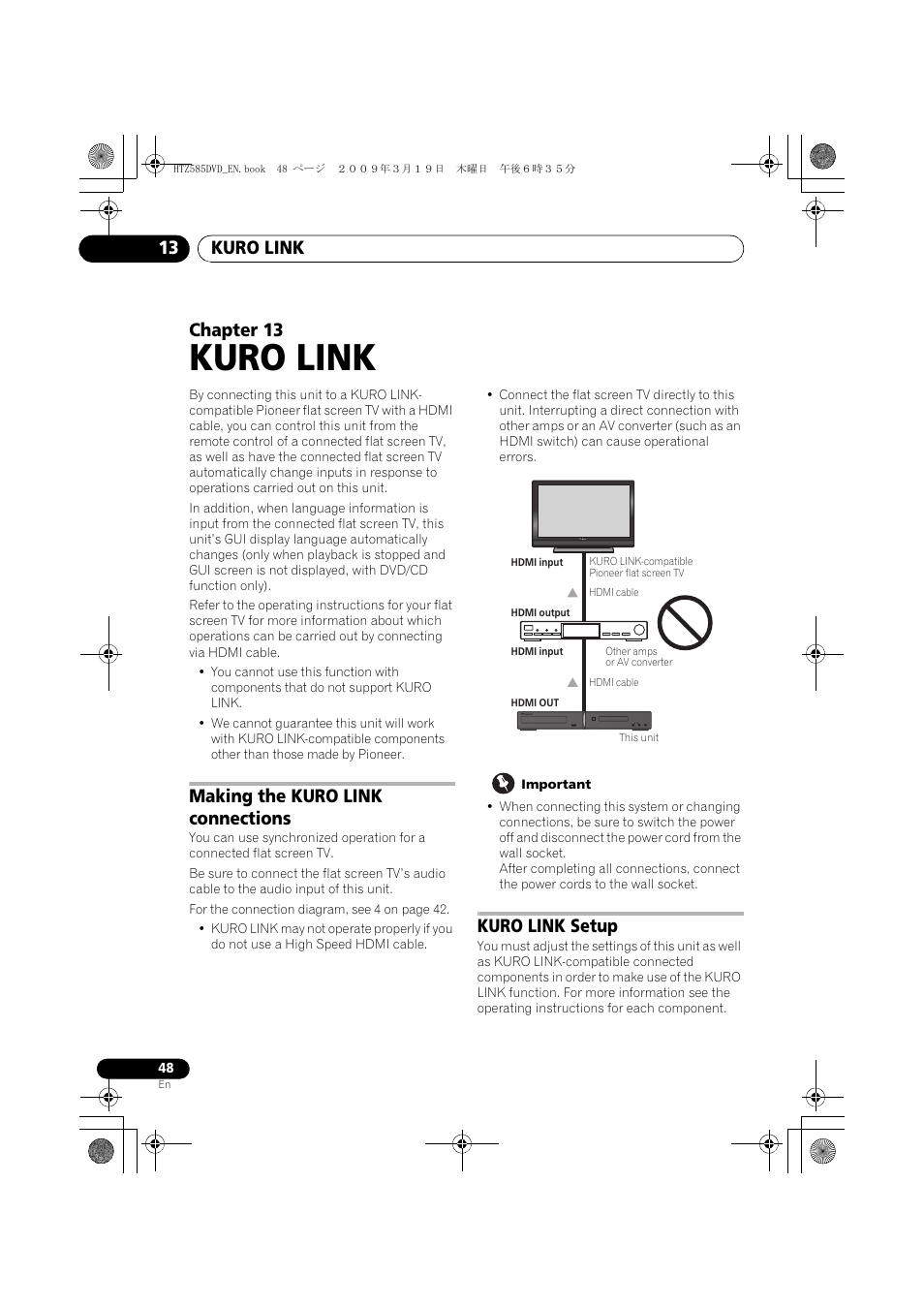 Making the kuro link connections, Kuro link setup, Kuro link | Kuro link 13, Chapter 13 | Pioneer HTZ-FS30DVD User Manual | Page 48 / 126