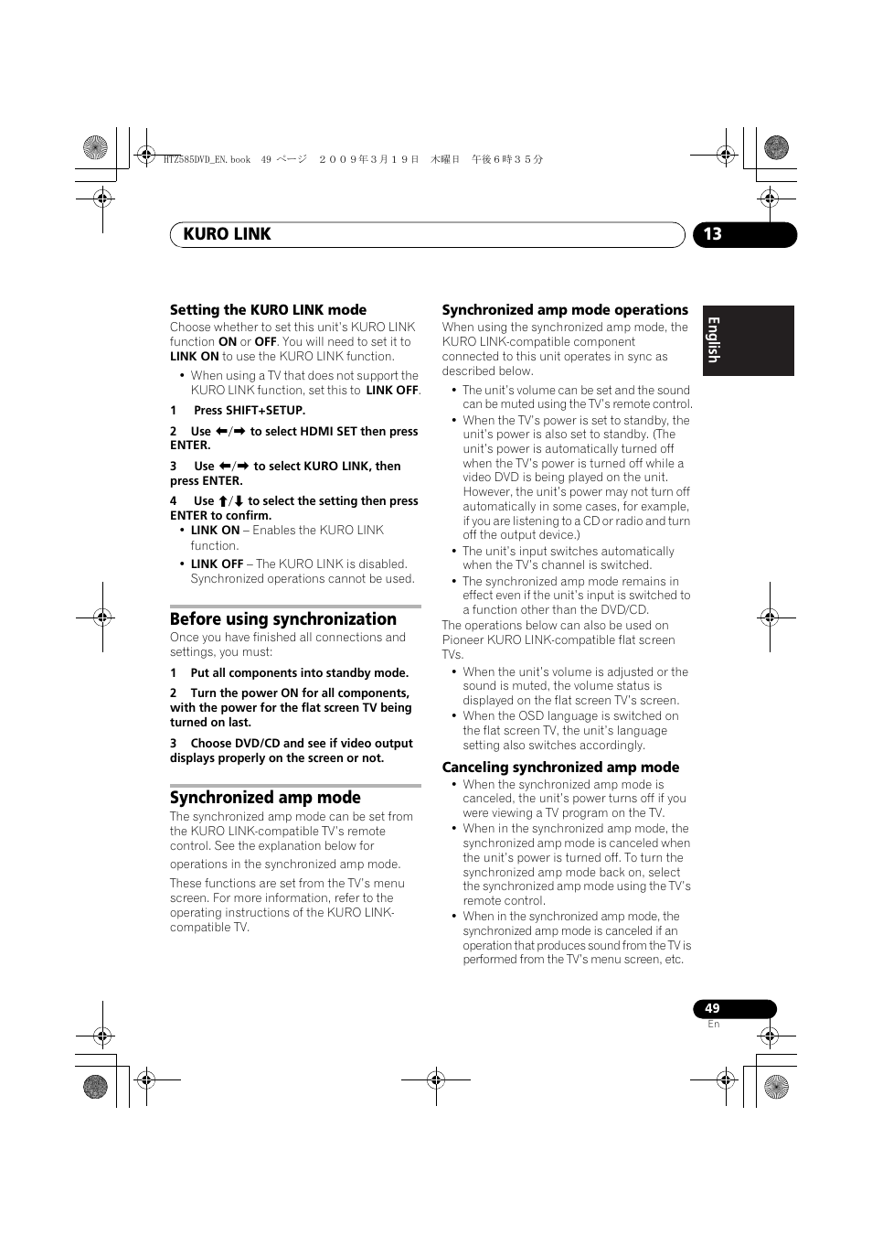 Setting the kuro link mode, Before using synchronization, Synchronized amp mode | Synchronized amp mode operations, Canceling synchronized amp mode, Kuro link 13 | Pioneer HTZ-FS30DVD User Manual | Page 49 / 126