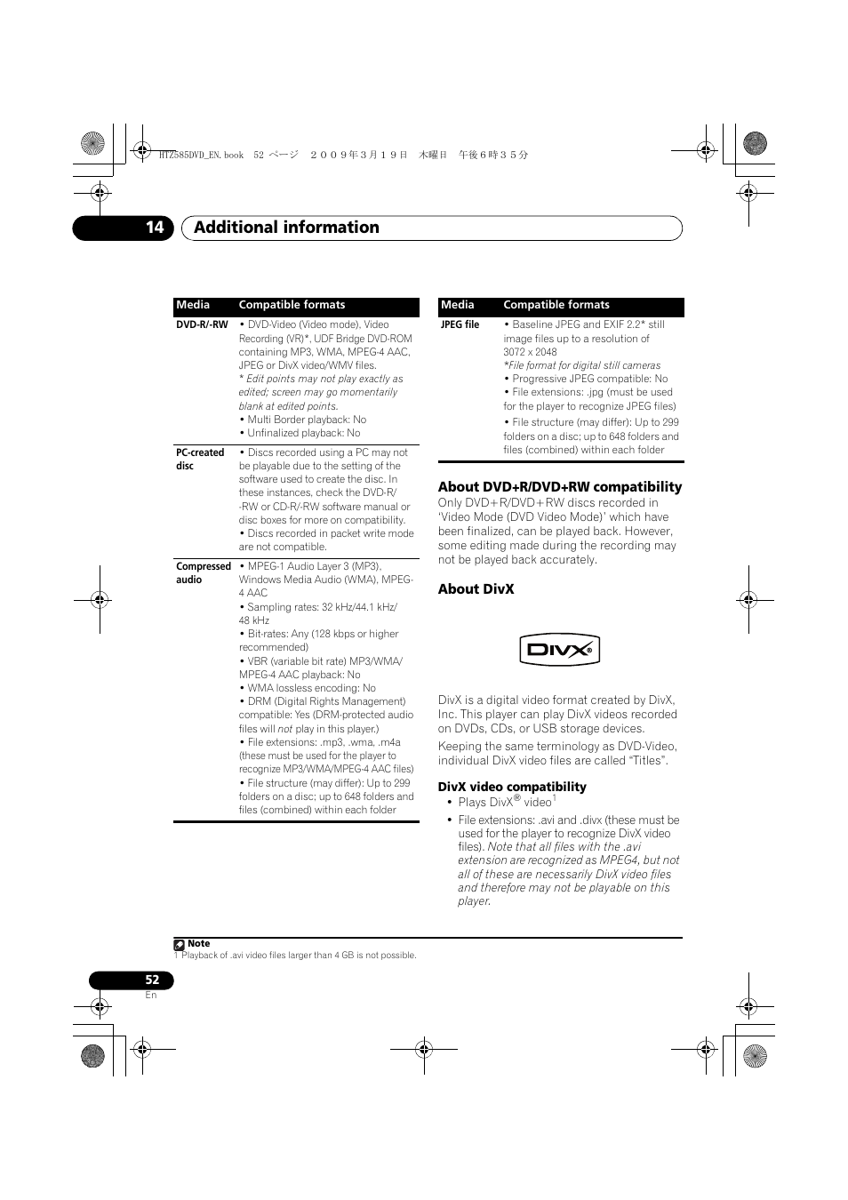 About dvd+r/dvd+rw compatibility, About divx, Additional information 14 | Pioneer HTZ-FS30DVD User Manual | Page 52 / 126