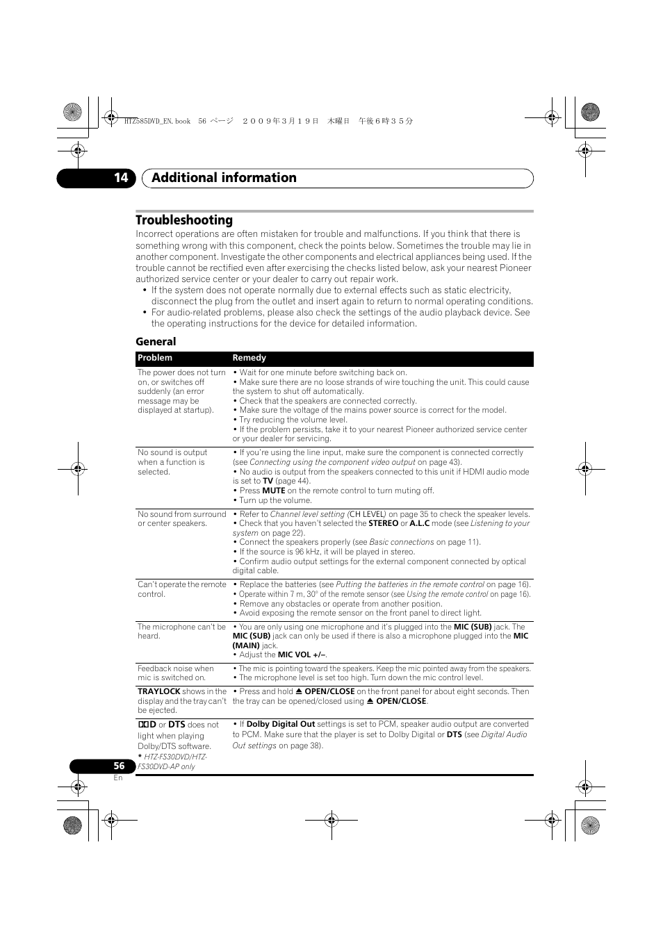 Troubleshooting, General, D 56) | Additional information 14 | Pioneer HTZ-FS30DVD User Manual | Page 56 / 126