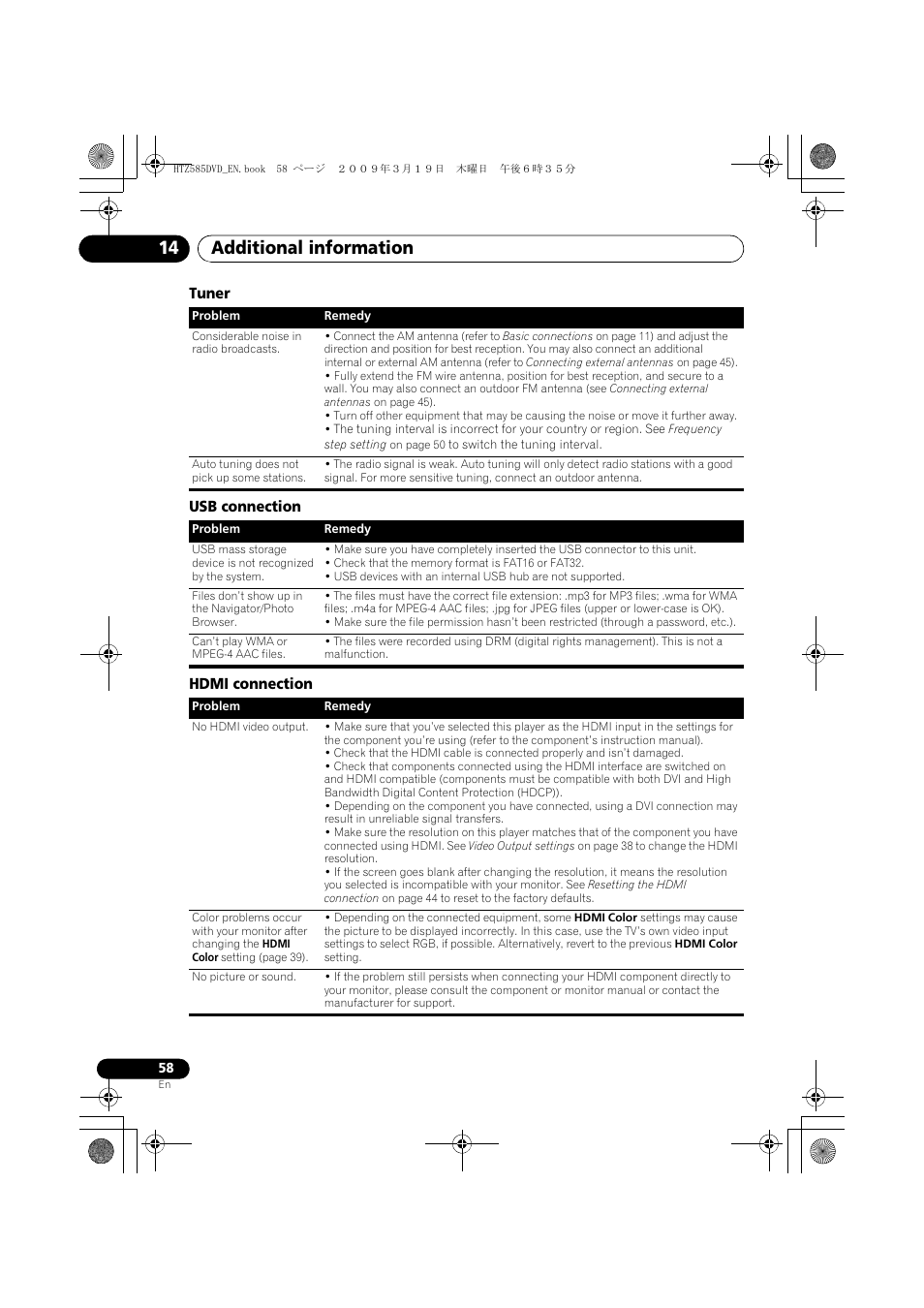 Tuner, Usb connection, Hdmi connection | Goes blan, Additional information 14 | Pioneer HTZ-FS30DVD User Manual | Page 58 / 126