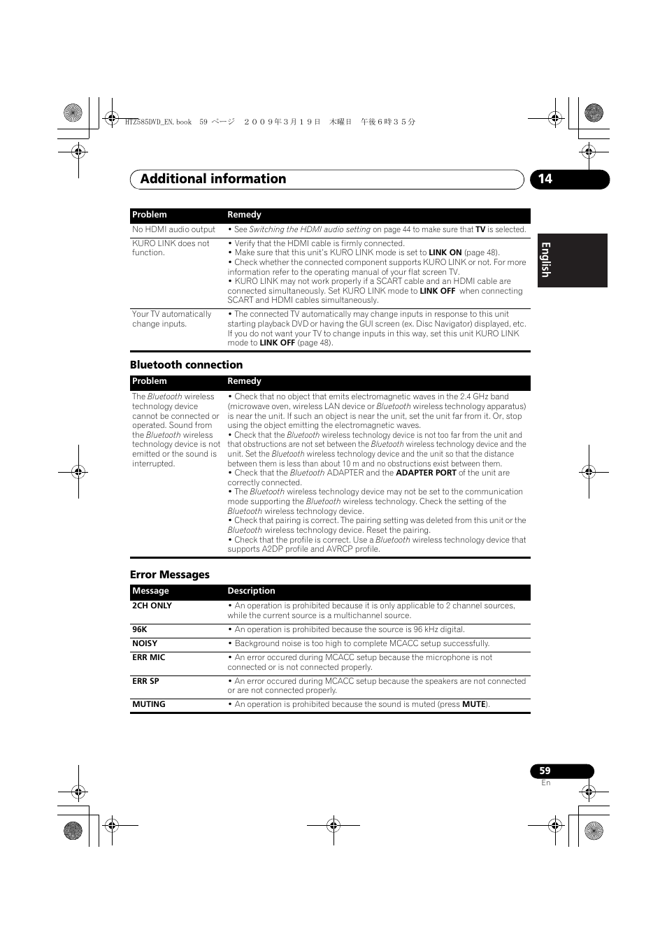 Bluetooth connection, Error messages, Additional information 14 | Pioneer HTZ-FS30DVD User Manual | Page 59 / 126