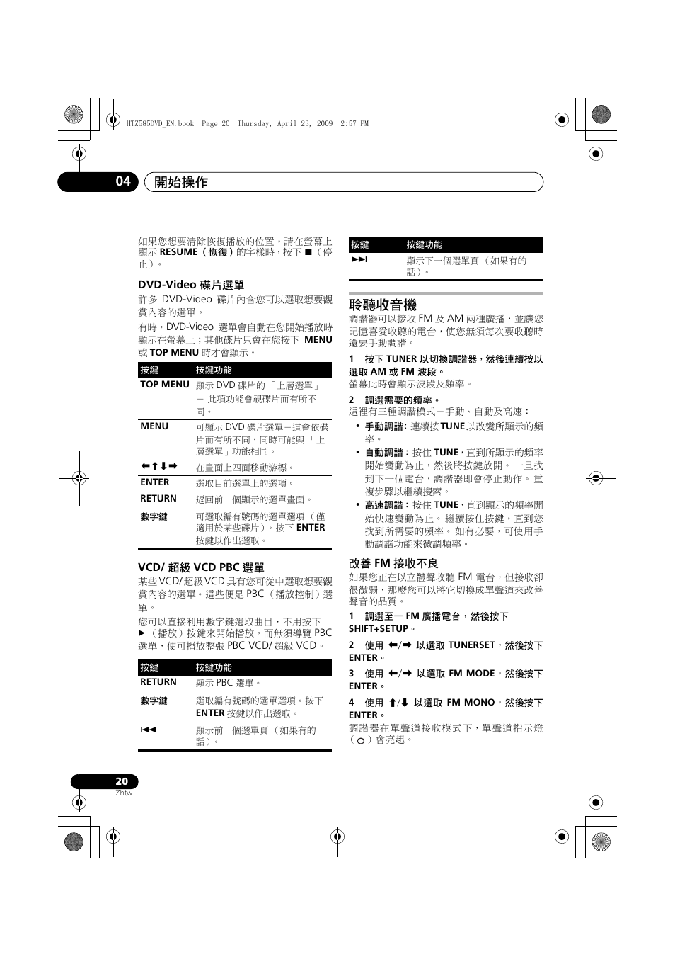 Dvd-video, 碟片選單, Vcd pbc | 聆聽收音機, 接收不良, 開始操作 04 | Pioneer HTZ-FS30DVD User Manual | Page 82 / 126