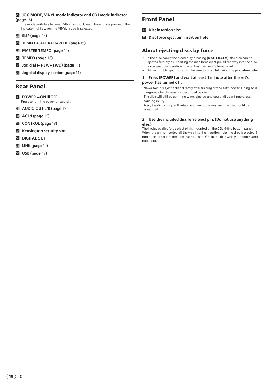 Rear panel front panel, Rear panel, Front panel | Pioneer CDJ-900 User Manual | Page 10 / 31