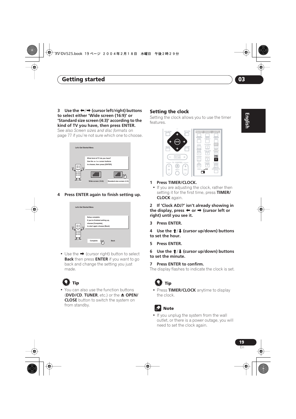 Setting the clock, Getting started 03 | Pioneer S-DV525 User Manual | Page 19 / 84