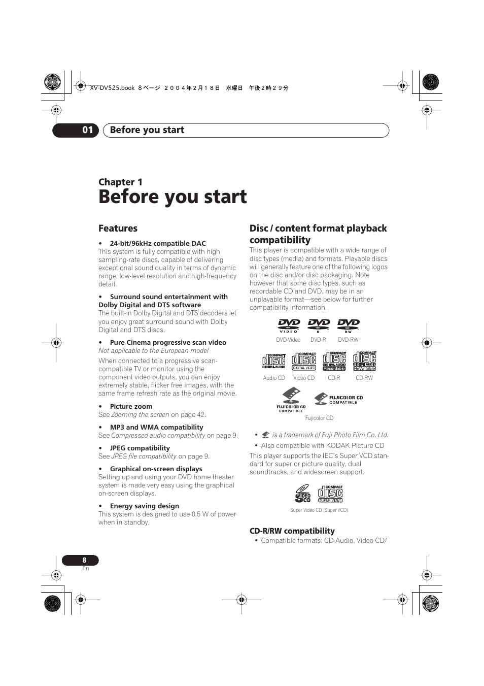 01 before you start, Features, Disc / content format playback compatibility | Cd-r/rw compatibility, Before you start, Before you start 01, Chapter 1 | Pioneer S-DV525 User Manual | Page 8 / 84