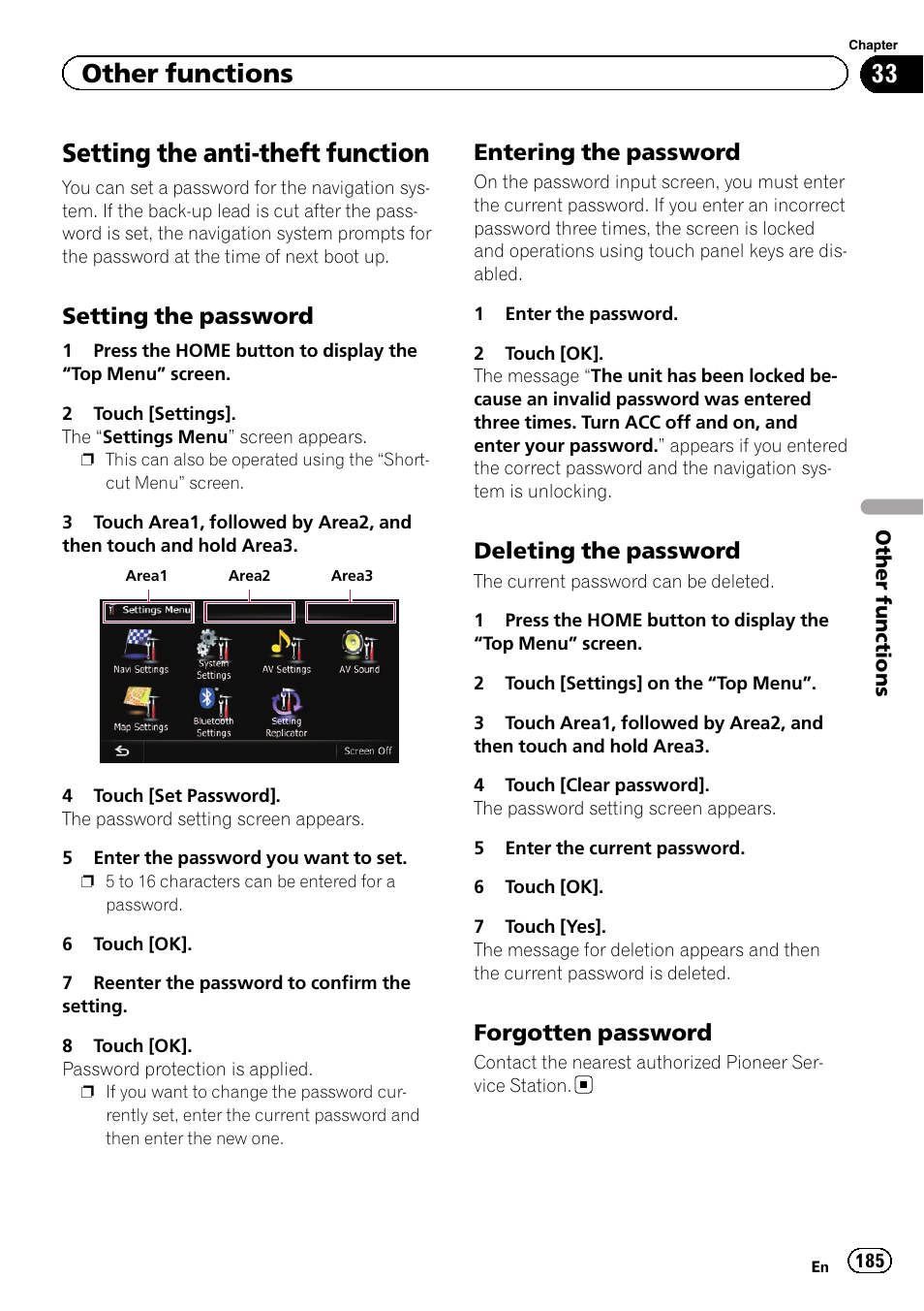 Other functions setting the anti-theft function, Setting the password 185, Entering the password 185 | Deleting the password 185, Forgotten password 185, Setting the anti-theft function, Other functions, Setting the password, Entering the password, Deleting the password | Pioneer SUPER TUNER 3 D AVIC-Z120BT User Manual | Page 185 / 228