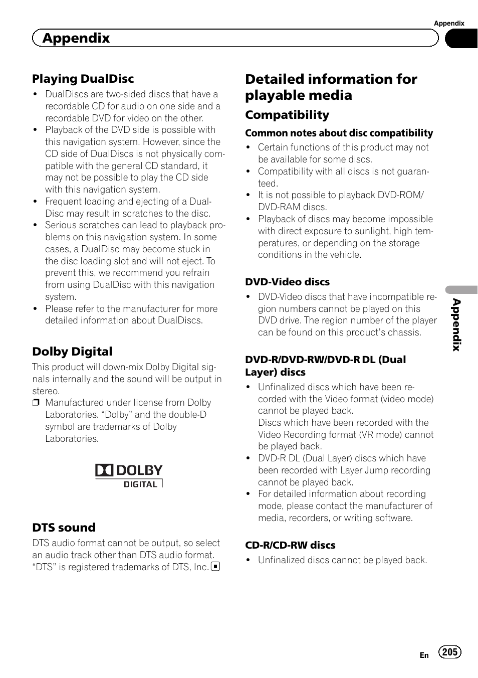 Playing dualdisc 205, Dolby digital 205, Dts sound 205 | Detailed information for playable media, Compatibility 205, Appendix | Pioneer SUPER TUNER 3 D AVIC-Z120BT User Manual | Page 205 / 228