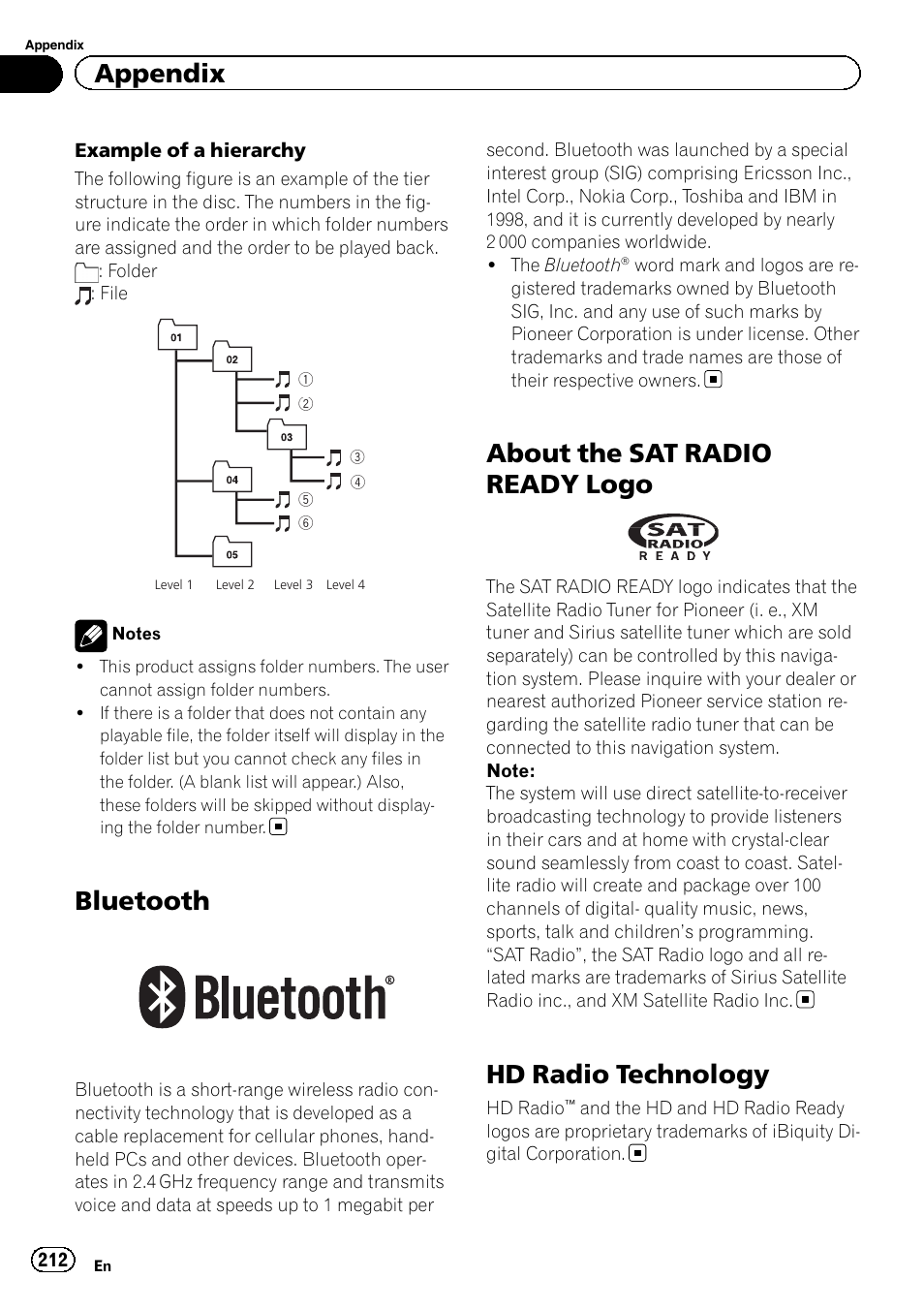 Bluetooth, About the sat radio ready logo, Hd radio technology | Appendix | Pioneer SUPER TUNER 3 D AVIC-Z120BT User Manual | Page 212 / 228