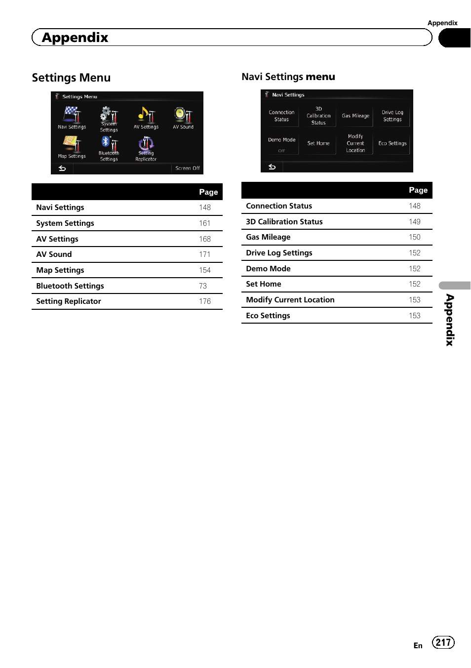 Settings menu 217, Settings menu, Appendix | Navi settings menu | Pioneer SUPER TUNER 3 D AVIC-Z120BT User Manual | Page 217 / 228