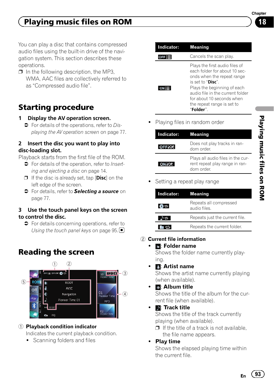 Playing music files on rom starting procedure, Reading the screen, Starting procedure | Playing music files on rom | Pioneer SUPER TUNER 3 D AVIC-Z120BT User Manual | Page 93 / 228