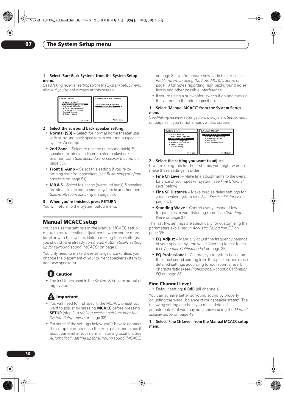 Manual mcacc setup, Fine channel level, The system setup menu 07 | Pioneer VSX-9110TXV-K User Manual | Page 36 / 84