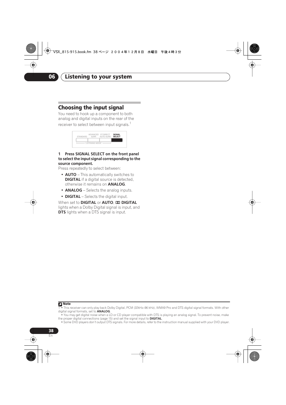 Choosing the input signal, Listening to your system 06 | Pioneer 915 User Manual | Page 38 / 76