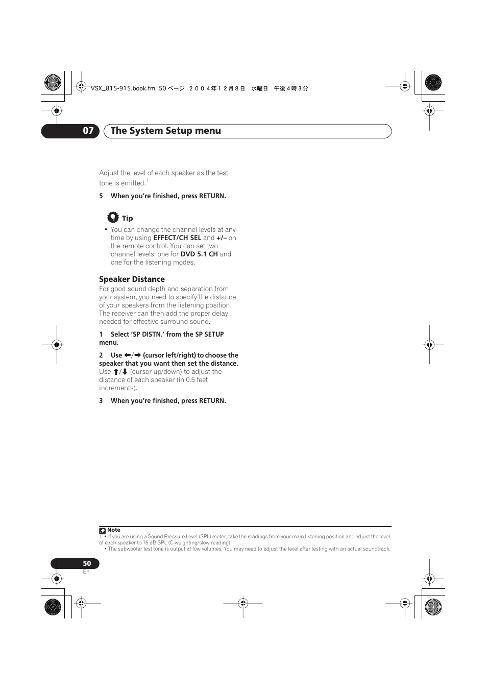 Speaker distance, The system setup menu 07 | Pioneer 915 User Manual | Page 50 / 76