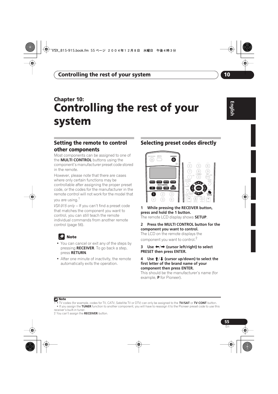 10 controlling the rest of your system, Setting the remote to control other components, Selecting preset codes directly | Controlling the rest of your system, Controlling the rest of your system 10, Chapter 10 | Pioneer 915 User Manual | Page 55 / 76