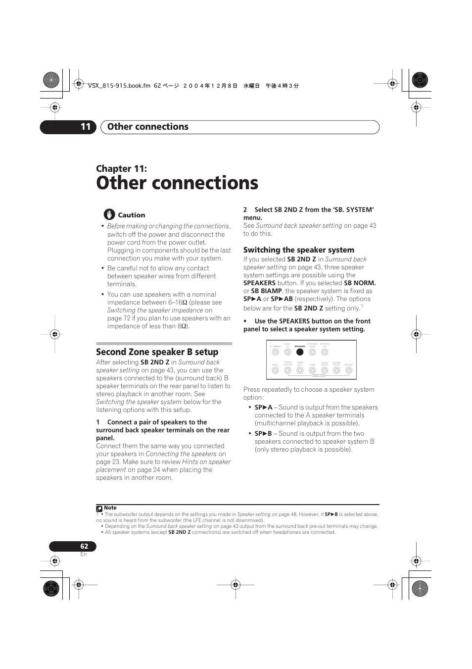 11 other connections, Second zone speaker b setup, Switching the speaker system | Other connections, Other connections 11, Chapter 11 | Pioneer 915 User Manual | Page 62 / 76