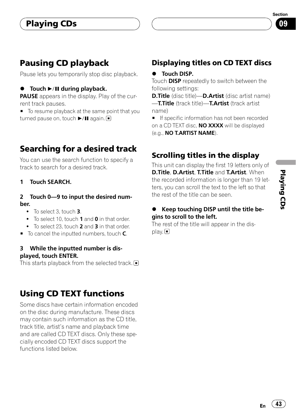Pausing cd playback, Searching for a desired track, Using cd text functions | Playing cds | Pioneer AVH-P5700DVD User Manual | Page 43 / 116