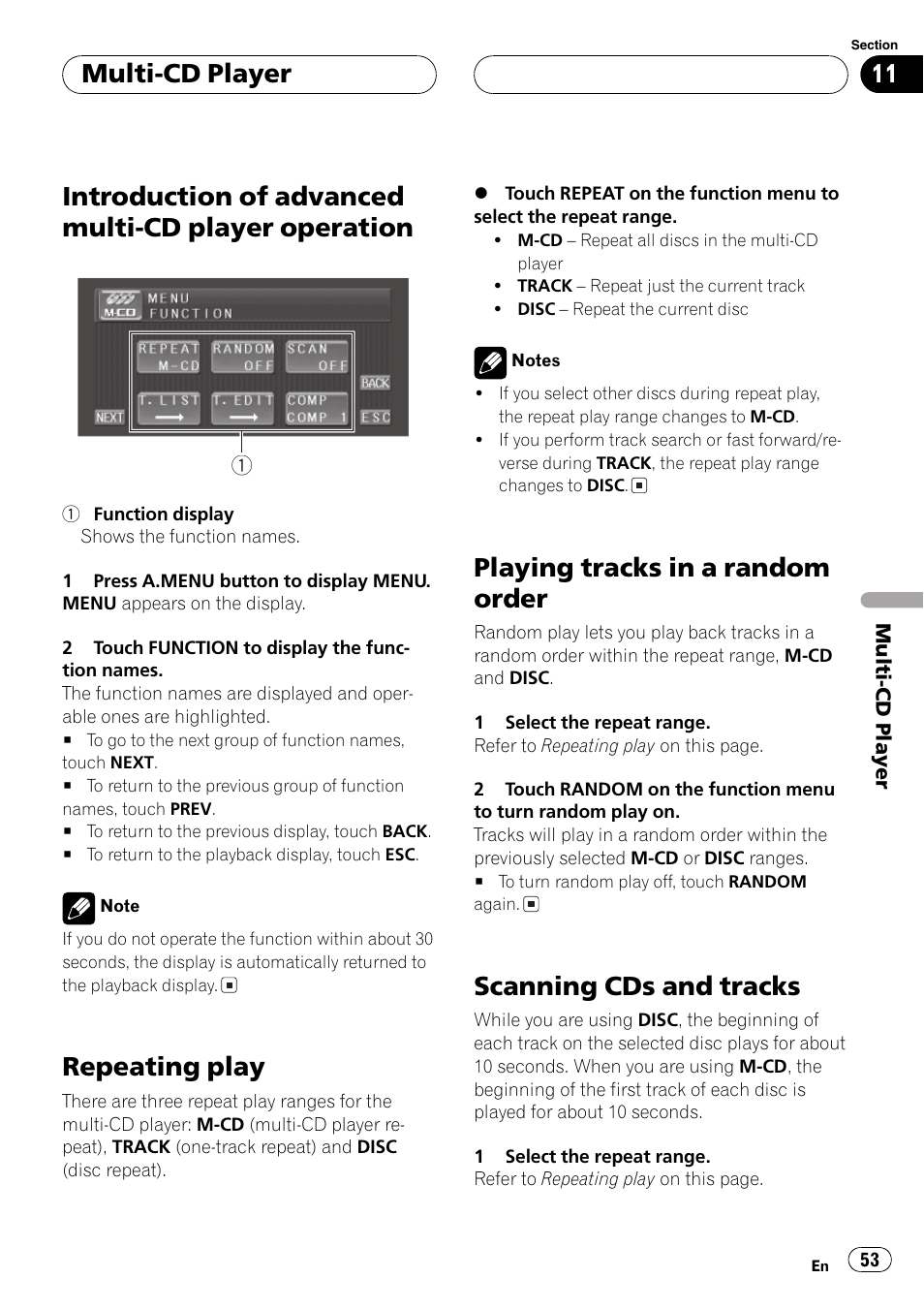 Introduction of advanced multi-cd player, Operation 53, Introduction of advanced multi-cd player operation | Repeating play, Playing tracks in a random order, Scanning cds and tracks, Multi-cd player | Pioneer AVH-P5700DVD User Manual | Page 53 / 116