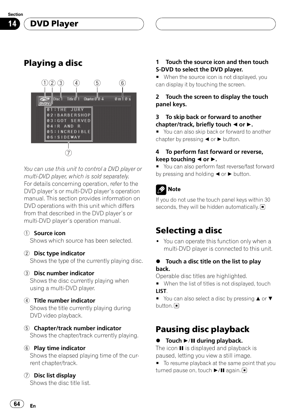 Playing a disc, Selecting a disc, Pausing disc playback | Dvd player | Pioneer AVH-P5700DVD User Manual | Page 64 / 116