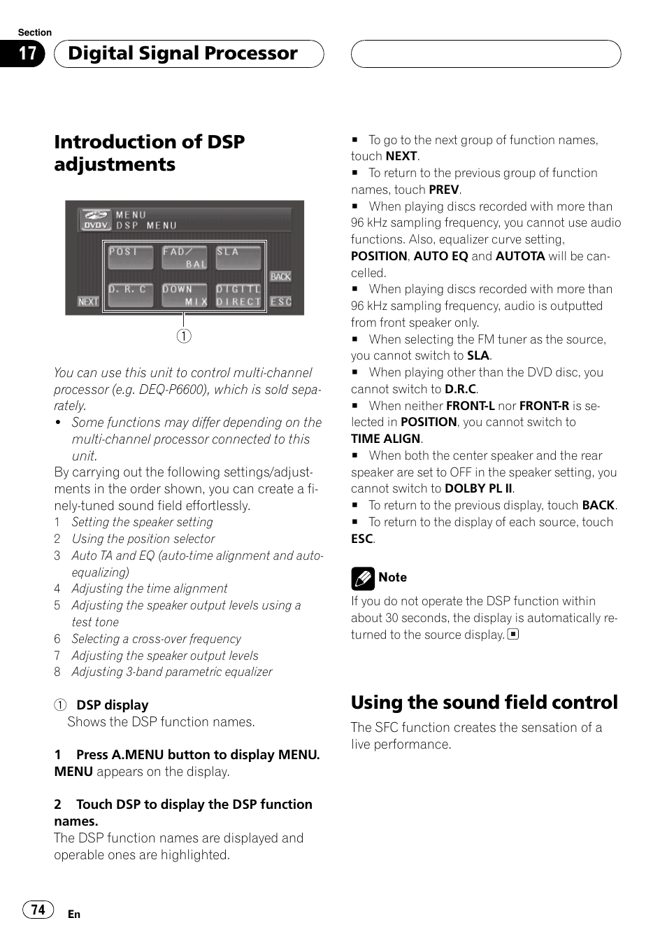 Introduction of dsp adjustments, Using the sound field control, Digital signal processor | Pioneer AVH-P5700DVD User Manual | Page 74 / 116