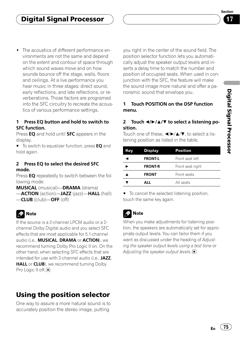 Using the position selector 75, Using the position selector, Digital signal processor | Pioneer AVH-P5700DVD User Manual | Page 75 / 116