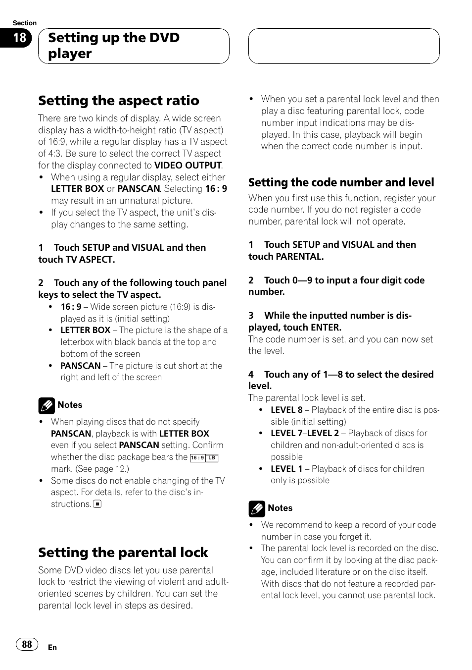 Setting the aspect ratio, Setting the parental lock, Setting up the dvd player | Setting the code number and level | Pioneer AVH-P5700DVD User Manual | Page 88 / 116