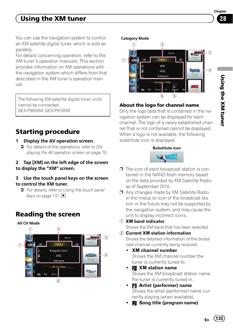 Using the xm tuner starting procedure, Reading the screen, Starting procedure | Using the xm tuner | Pioneer SUPER TUNER IIID AVIC-X9310BT User Manual | Page 135 / 232