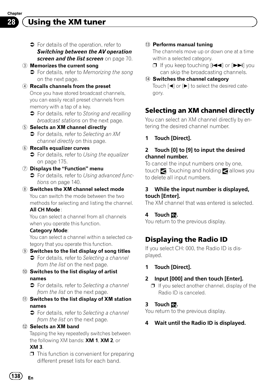 Selecting an xm channel directly 138, Displaying the radio id 138, 28 using the xm tuner | Selecting an xm channel directly, Displaying the radio id | Pioneer SUPER TUNER IIID AVIC-X9310BT User Manual | Page 138 / 232