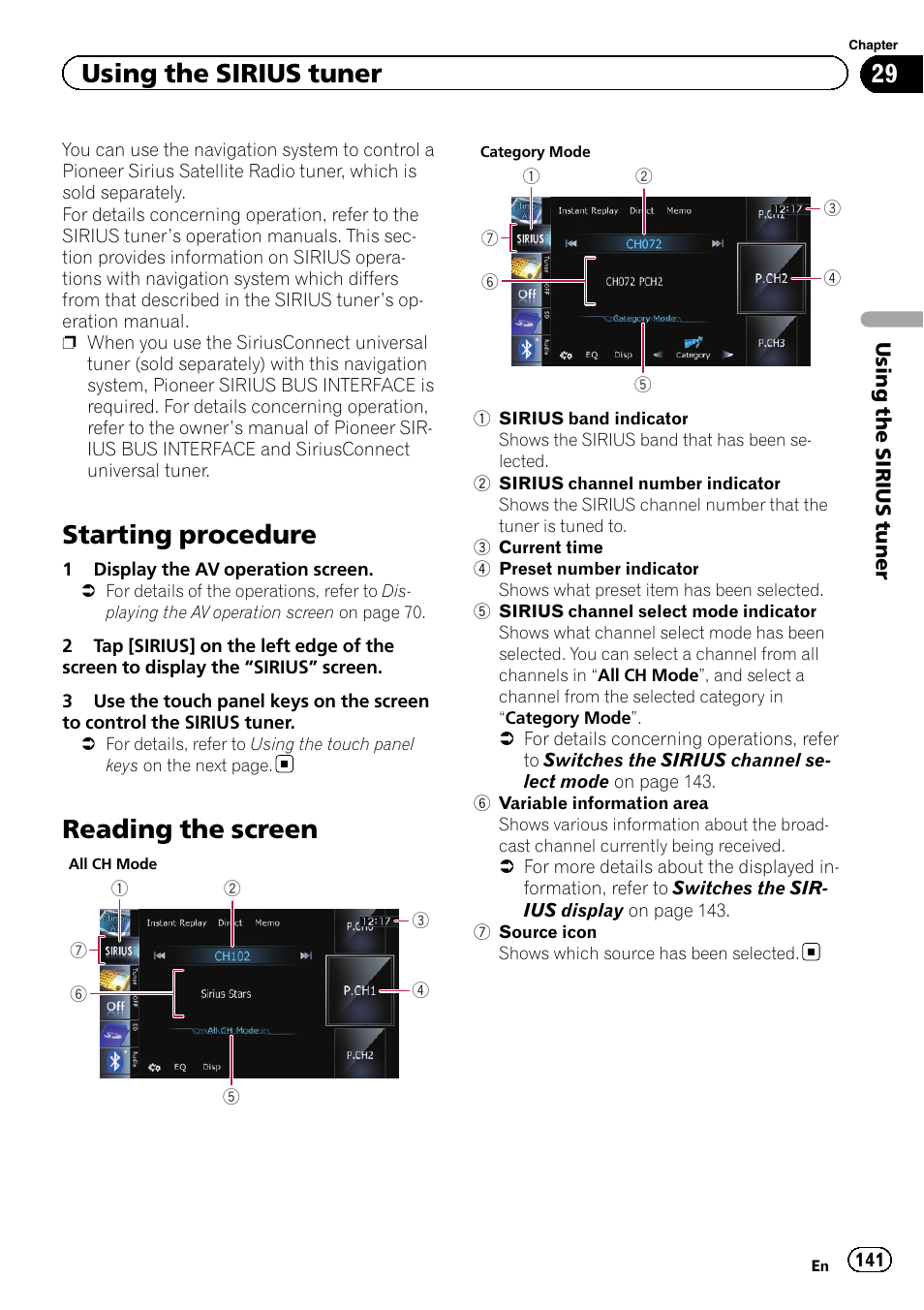 Using the sirius tuner starting procedure, Reading the screen, Starting procedure | Using the sirius tuner | Pioneer SUPER TUNER IIID AVIC-X9310BT User Manual | Page 141 / 232