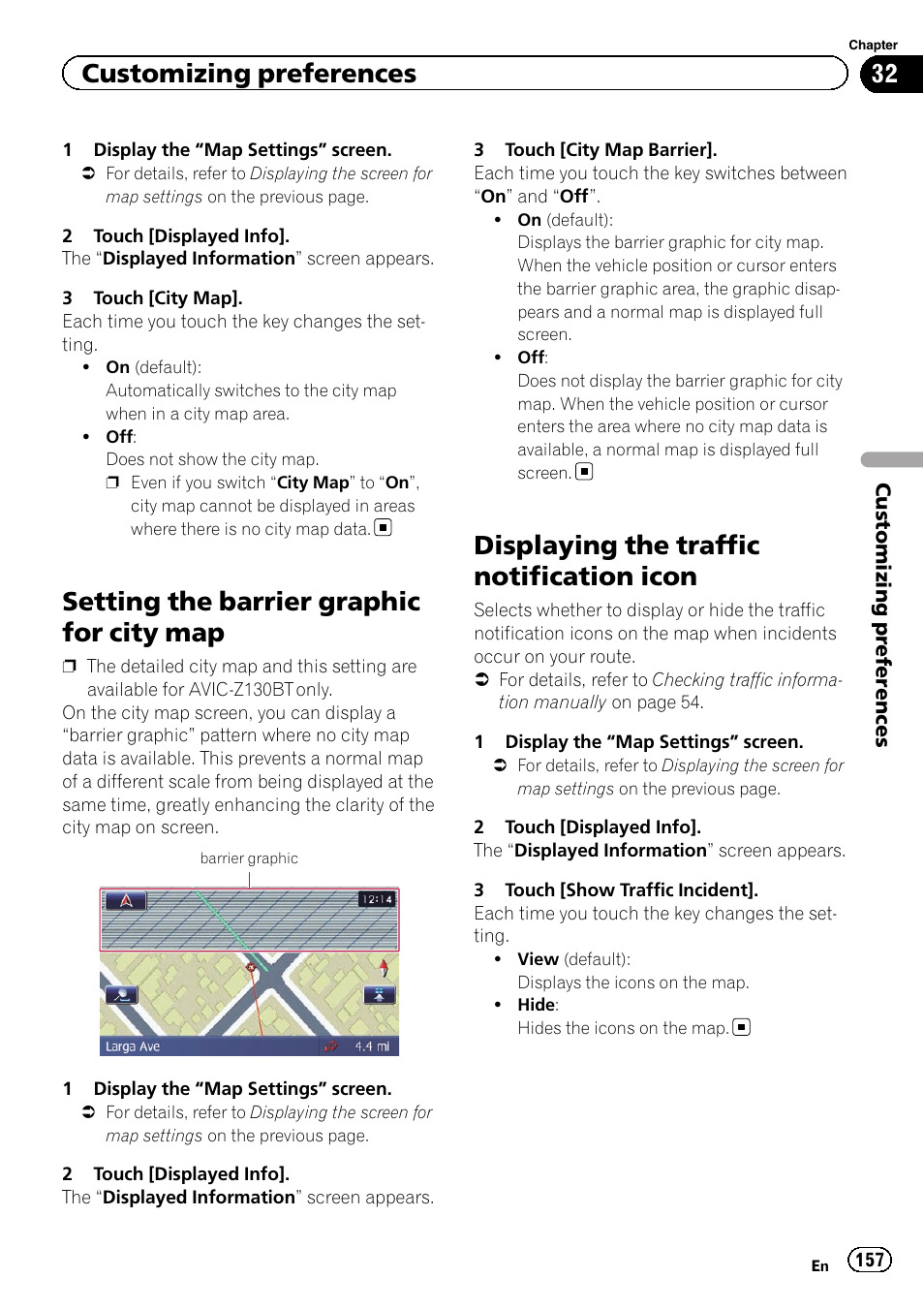 Setting the barrier graphic for city map, Displaying the traffic notification icon, Customizing preferences | Pioneer SUPER TUNER IIID AVIC-X9310BT User Manual | Page 157 / 232