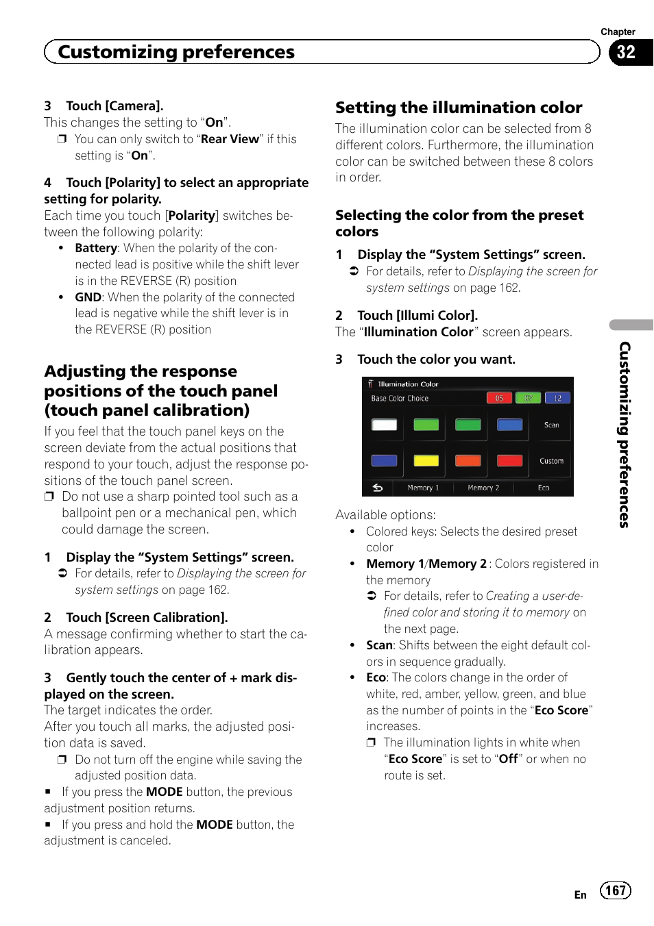 Adjusting the response positions of the, Touch panel (touch panel calibration), Setting the illumination color 167 | Customizing preferences, Setting the illumination color | Pioneer SUPER TUNER IIID AVIC-X9310BT User Manual | Page 167 / 232