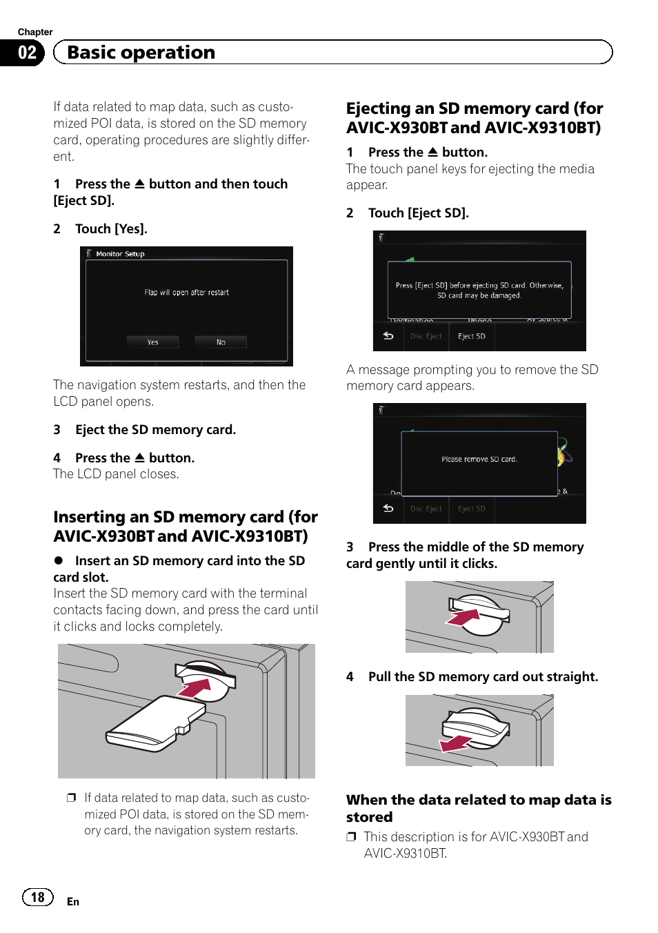 Inserting an sd memory card (for avic, X930bt and avic-x9310bt), Ejecting an sd memory card (for avic | 02 basic operation | Pioneer SUPER TUNER IIID AVIC-X9310BT User Manual | Page 18 / 232