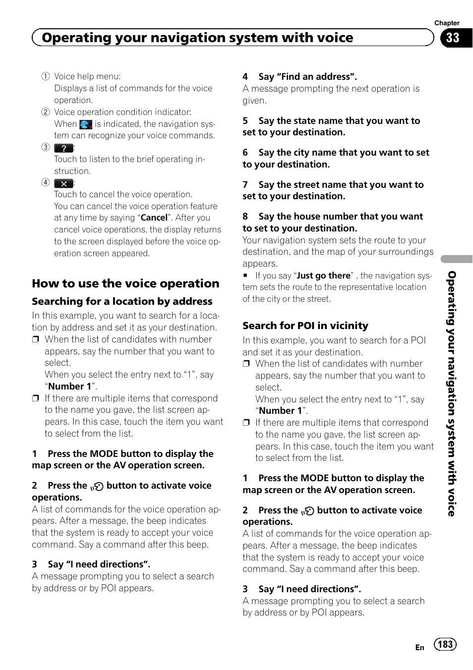 How to use the voice operation 183, Operating your navigation system with voice, How to use the voice operation | Pioneer SUPER TUNER IIID AVIC-X9310BT User Manual | Page 183 / 232