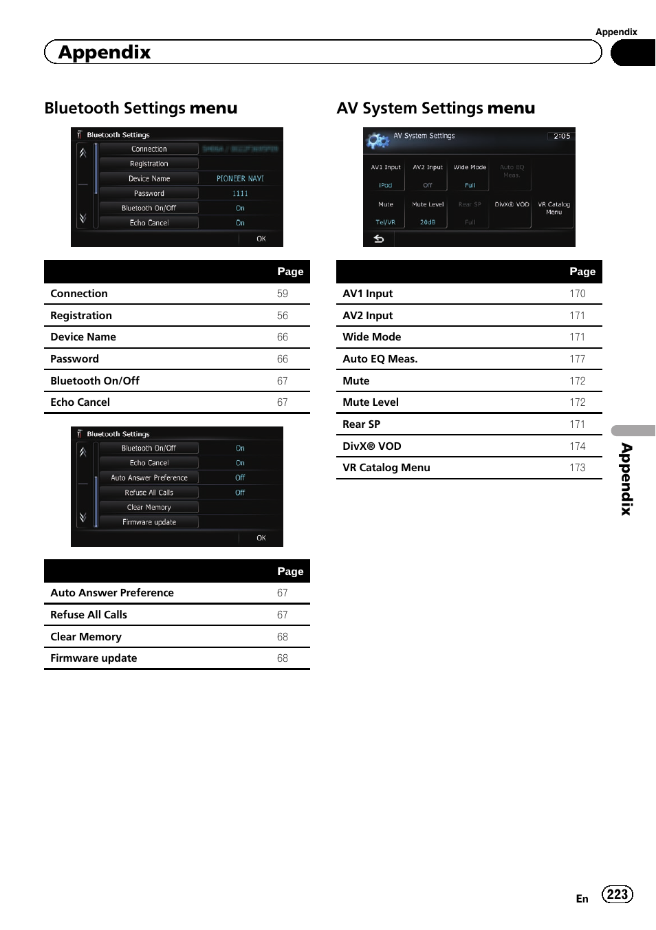 Bluetooth settings menu 223, Av system settings menu 223, Bluetooth settings menu | Av system settings menu, Appendix | Pioneer SUPER TUNER IIID AVIC-X9310BT User Manual | Page 223 / 232