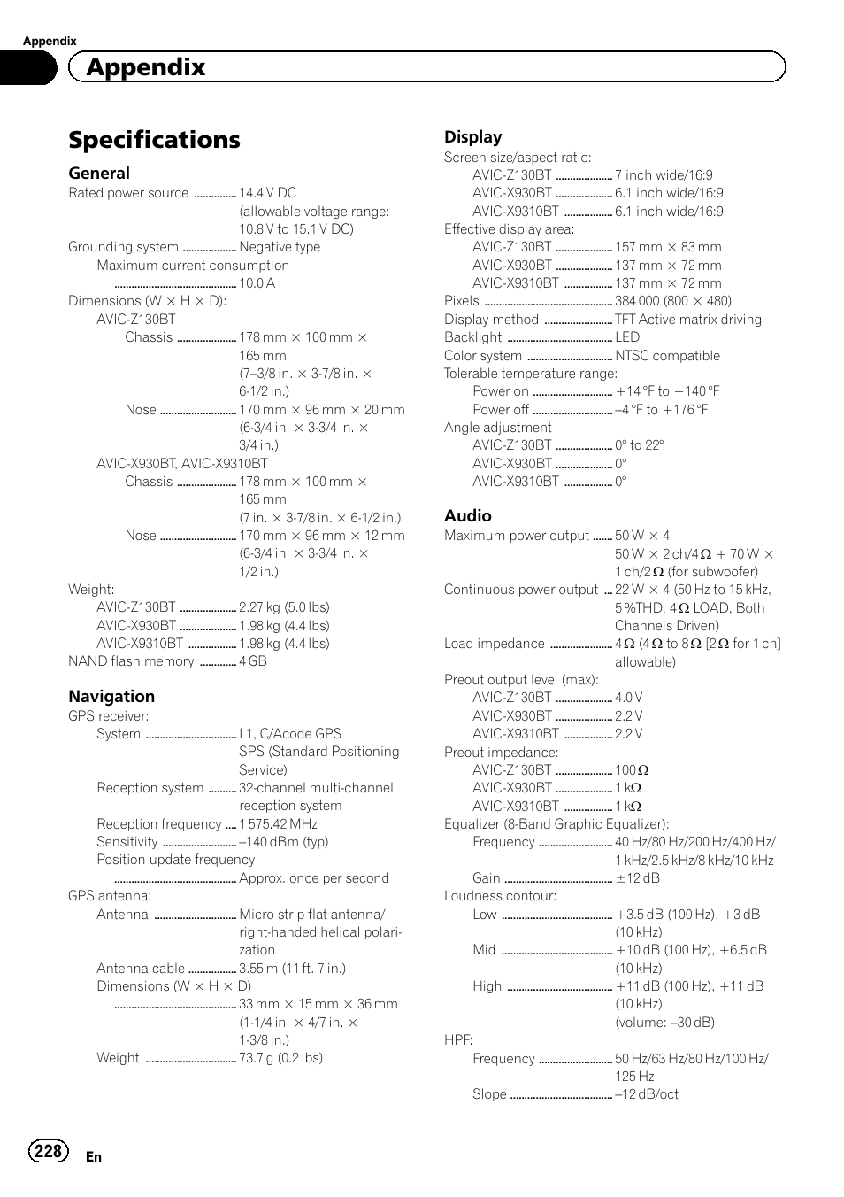 Specifications, Appendix, General | Navigation, Display, Audio | Pioneer SUPER TUNER IIID AVIC-X9310BT User Manual | Page 228 / 232