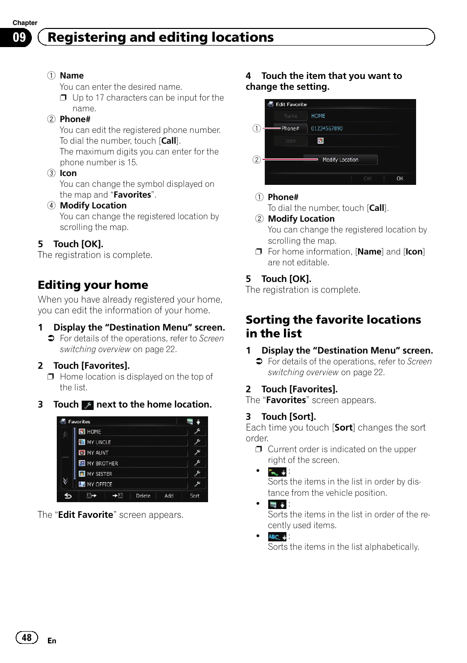 Editing your home 48, Sorting the favorite locations in the, List | 09 registering and editing locations, Editing your home, Sorting the favorite locations in the list | Pioneer SUPER TUNER IIID AVIC-X9310BT User Manual | Page 48 / 232